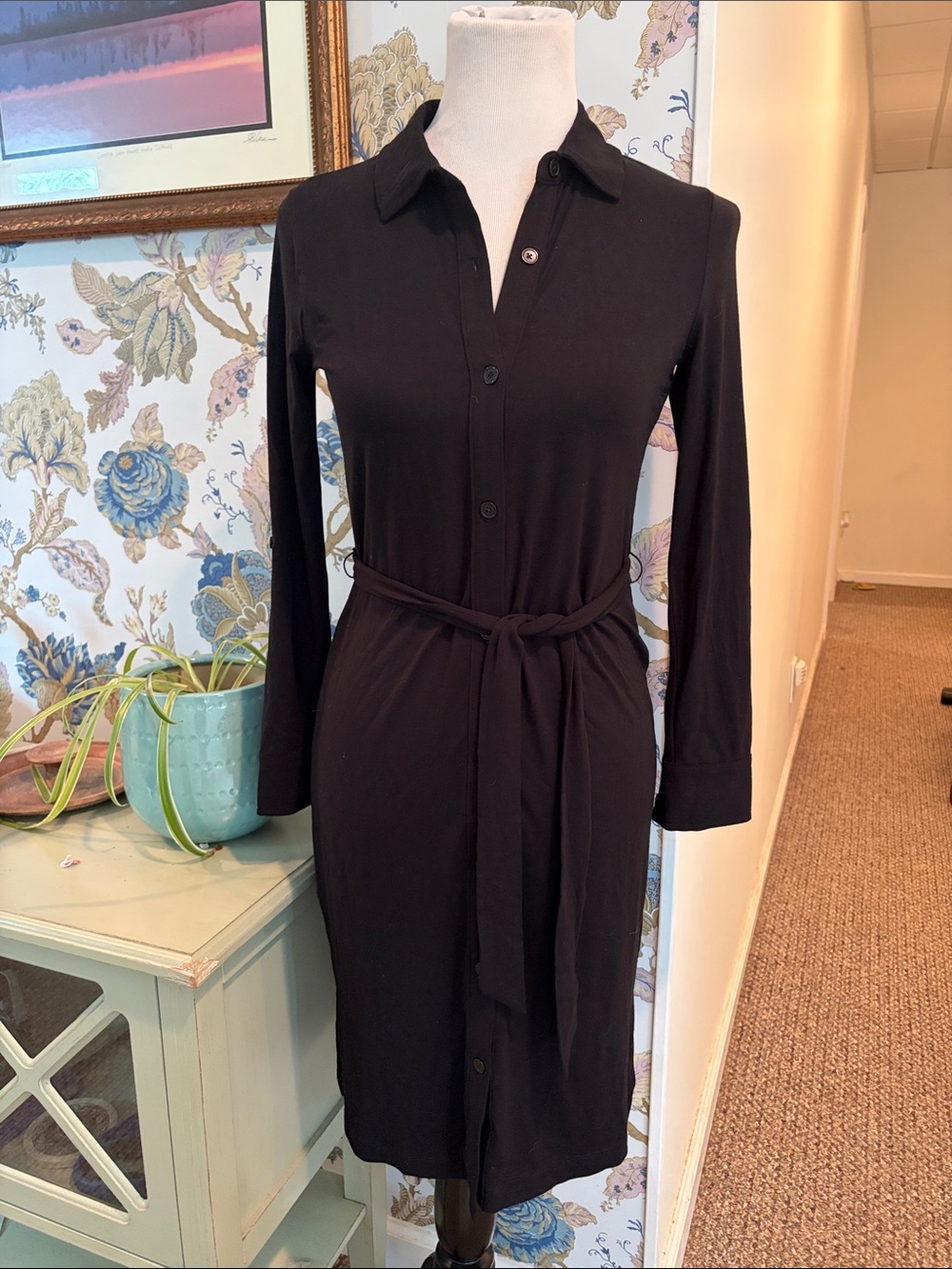 Talbots Black Long-Sleeve Shirt Dress with Tie Belt